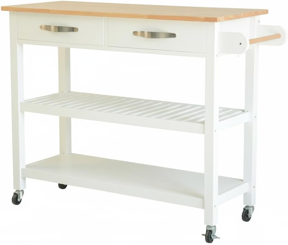 Kitchen Island 45' Rolling Kitchen Island Cart On Wheels with 2 Drawer and Towl Rack 3 Tiers Rolling Utility Cart with Solid Wood Top Serving Trolley for Dining Room White