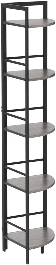 BON AUGURE Rustic Corner Shelf Stand, Tall Industrial Corner Bookshelf, Wood Metal 5 Tier Bookcase Shelves, Display Shelving Unit for Kitchen, Living Room (Dark Grey Oak)