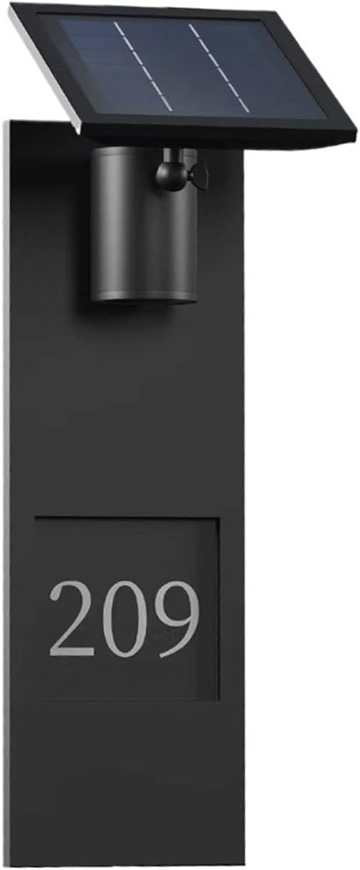 Modern Outdoor LED Solar Wall Light, Black Stainless Steel Address House Number Sconce Lamp, IP65 Waterproof Exterior Mounted Fixture Dusk to Dawn for Villa, Garden, Patio, Porch, Entry