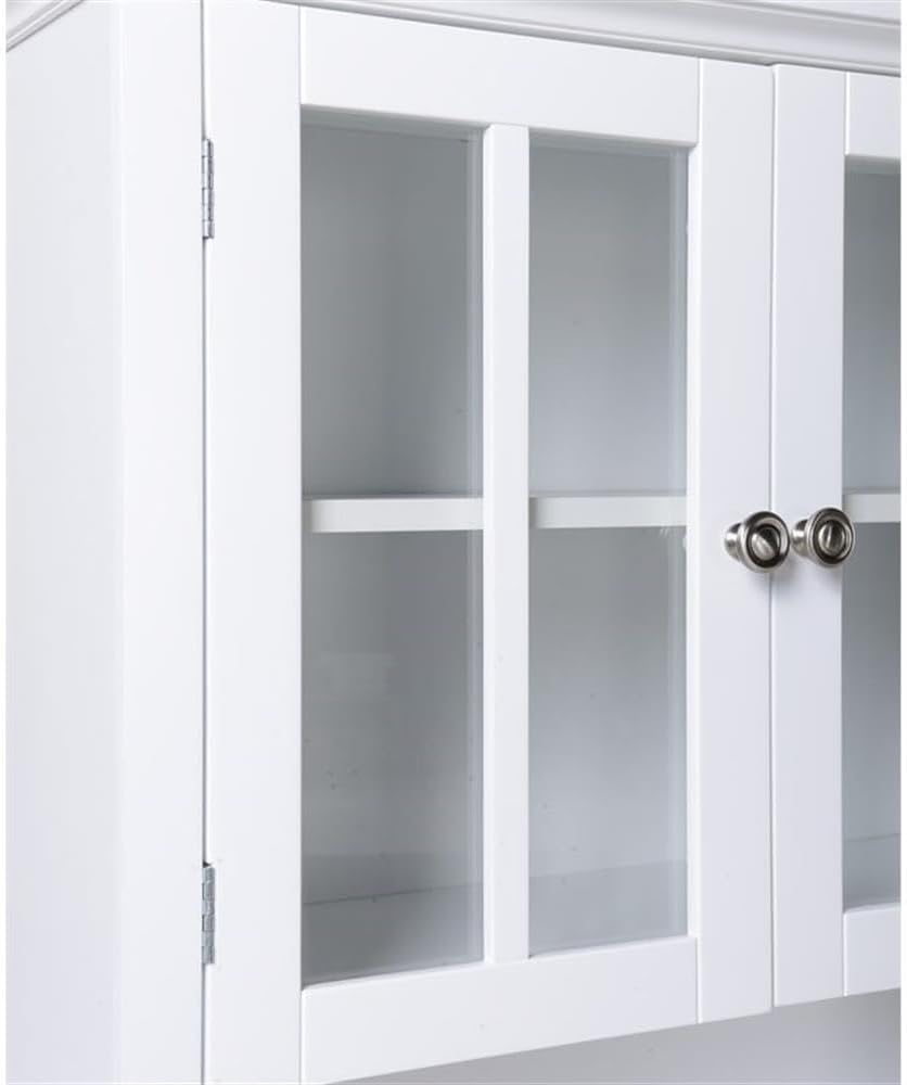Pemberly Row 29' Farmhouse Wood Buffet and Hutch, White Painted Finish, Glass and Solid Doors, Adjustable Shelf, Spacious Microwave Area, Durable Storage Cabinet for Kitchen or Dining Room Use