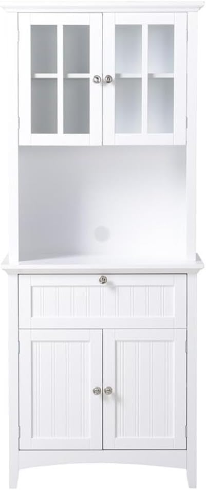 Pemberly Row 29' Farmhouse Wood Buffet and Hutch, White Painted Finish, Glass and Solid Doors, Adjustable Shelf, Spacious Microwave Area, Durable Storage Cabinet for Kitchen or Dining Room Use
