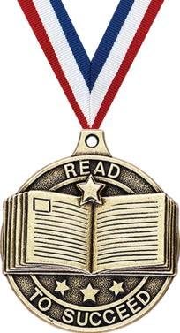 Crown Awards Gold Reading Medals - 2' 3D Read to Succeed Award Medals with Neck Ribbon