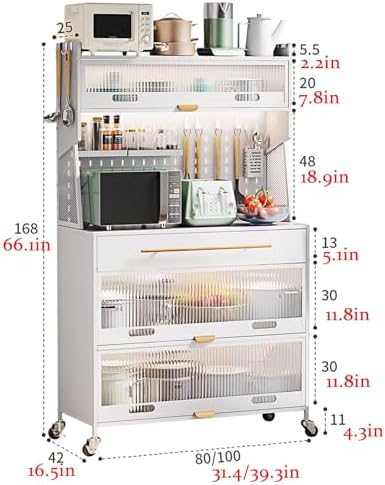 5-Tier Rolling Baker's Rack with Storage, Microwave Stand on Wheels, Flip Door Cabinets & Pegboard, Tall Kitchen Pantry Cabinet with Drawer, Black (31.4 in)