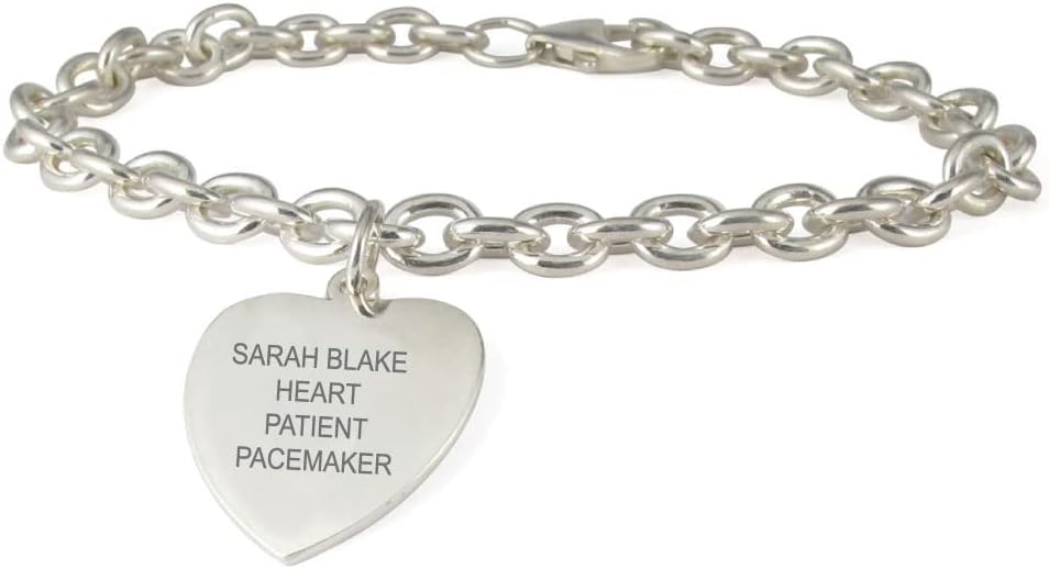 American Medical ID – Sterling Silver Heart Charm Embossed Medical ID Bracelet, for 5.5'- 8.5' wrist – 5 Lines of Free Engraving