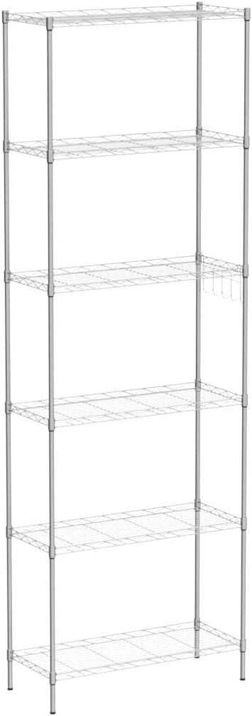 Himimi 6 Tier Storage Shelf Wire Shelving Unit Adjustable Rack Free Standing Organization with Leveling Feet, Stainless Side Hooks for Laundry Bathroom Kitchen Pantry Closet,2-Pack Shelves,Silver