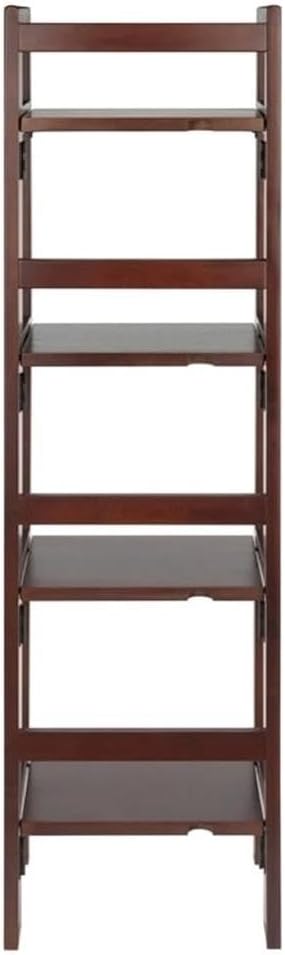Pemberly Row 4-Tier Transitional Solid Wood Folding Book Shelf, Antique Walnut Finish, 51 in Tall Open Design, Space-Saving Storage for Office, Kids Room, Bathroom, or Living Room