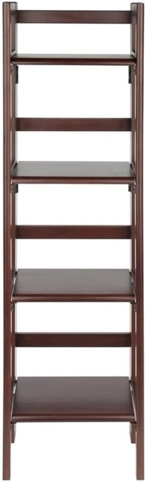 Pemberly Row 4-Tier Transitional Solid Wood Folding Book Shelf, Antique Walnut Finish, 51 in Tall Open Design, Space-Saving Storage for Office, Kids Room, Bathroom, or Living Room