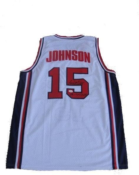 Larry Johnson Signed USA GOLD MEDAL Olympic WHITE Jersey JSA - Autographed Olympic Jerseys