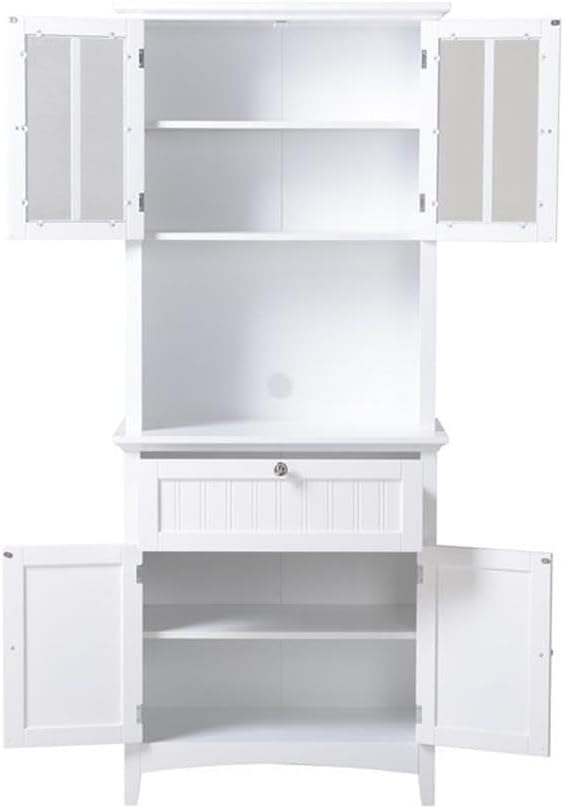 Pemberly Row 29' Farmhouse Wood Buffet and Hutch, White Painted Finish, Glass and Solid Doors, Adjustable Shelf, Spacious Microwave Area, Durable Storage Cabinet for Kitchen or Dining Room Use