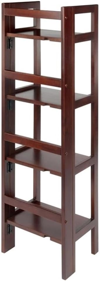 Pemberly Row 4-Tier Transitional Solid Wood Folding Book Shelf, Antique Walnut Finish, 51 in Tall Open Design, Space-Saving Storage for Office, Kids Room, Bathroom, or Living Room