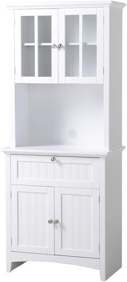 Pemberly Row 29' Farmhouse Wood Buffet and Hutch, White Painted Finish, Glass and Solid Doors, Adjustable Shelf, Spacious Microwave Area, Durable Storage Cabinet for Kitchen or Dining Room Use