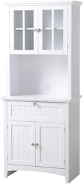 Pemberly Row 29' Farmhouse Wood Buffet and Hutch, White Painted Finish, Glass and Solid Doors, Adjustable Shelf, Spacious Microwave Area, Durable Storage Cabinet for Kitchen or Dining Room Use