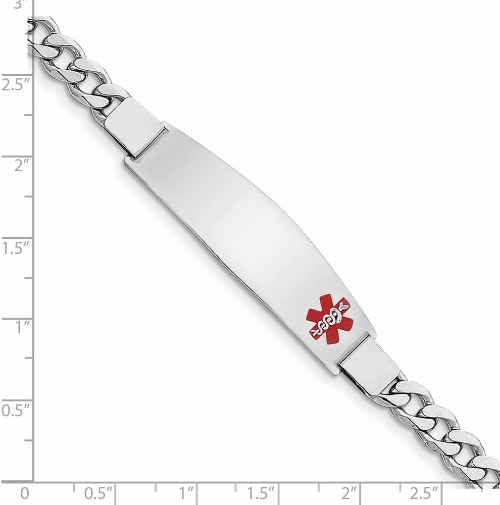 Solid 925 Sterling Silver Enamel Engravable Identification Name Bar Tag RN Registered Nurse Caduceus Symbol Medical ID Curb Cuban Link Emergency Alert Bracelet - with Secure Lobster Lock Clasp 7'