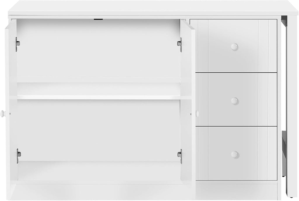 90' Extendable Freestanding Storage Cabinet, Kitchen Storage Bakers Rack with Adjustable Shelf, Utility Food Cupboard with Silent Drawers for Kitchen and Living Room, White