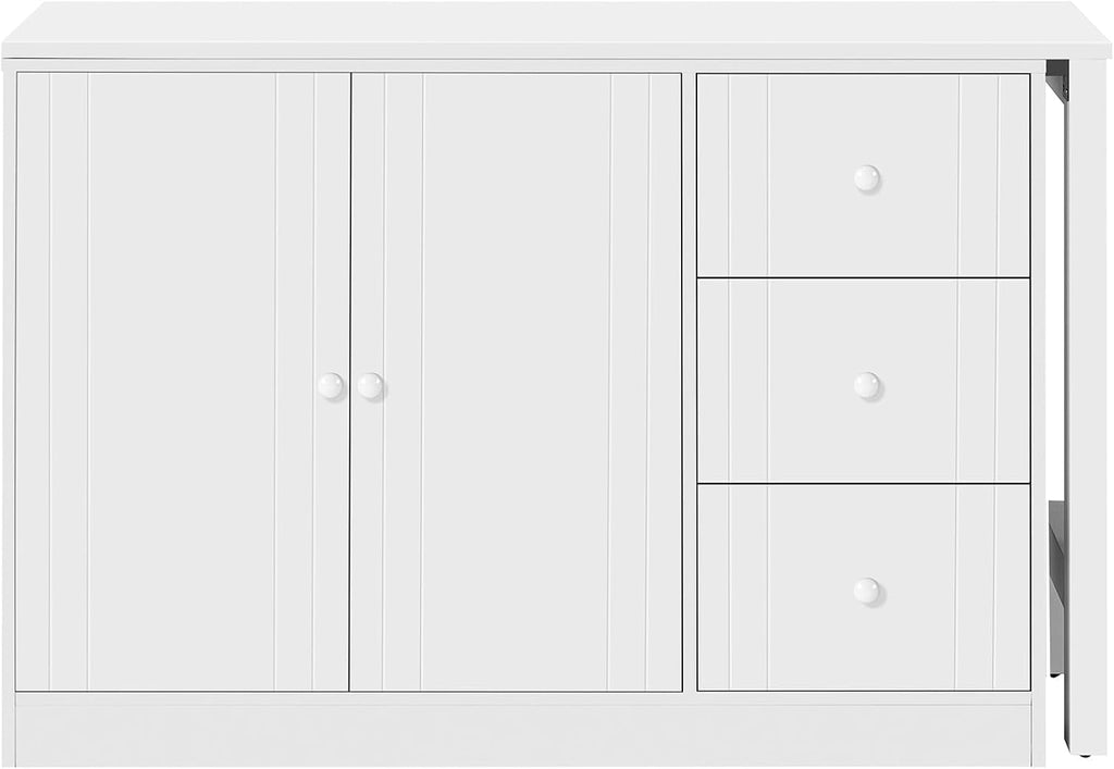 90' Extendable Freestanding Storage Cabinet, Kitchen Storage Bakers Rack with Adjustable Shelf, Utility Food Cupboard with Silent Drawers for Kitchen and Living Room, White