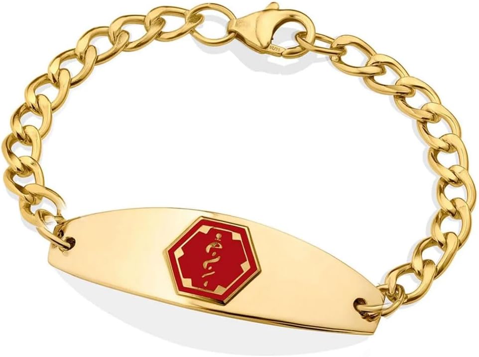 American Medical ID – 10Kt Gold-Filled Premier Red Bracelet – Standard Curb Chain - Adjustable Red Alert Bracelet with Free Engraving