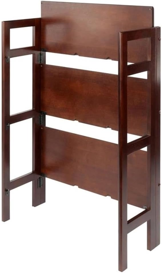 Pemberly Row 3-Tier Solid Wood Folding Book Shelf, Antique Walnut Finish, 38.54 in Height, Transitional Style for Home Office, Bathroom, or Kids Room Storage