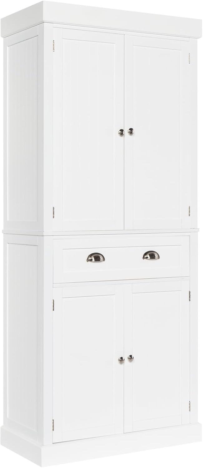 VINGLI 71-Inch White Storage Cabinets with Drawers, Freestanding Pantry Cabinets with Doors and Shelves Adjustable, Wood Farmhouse Kitchen Pantry Cupboard