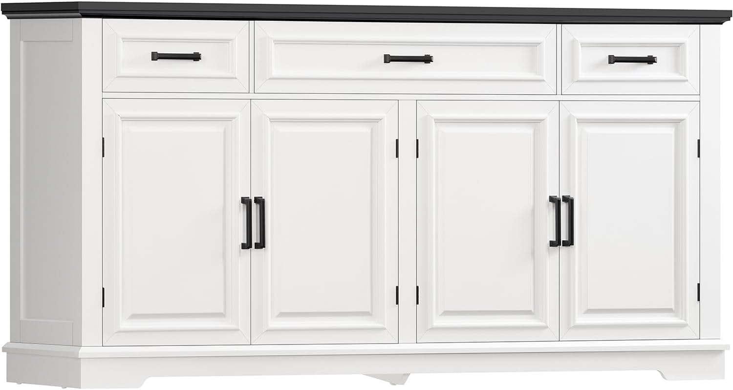 usikey 59' Large Buffet Cabinet with 4 Doors and 3 Drawers, Buffet Sideboard Cabinet with Storage and 2 Adjustable Shelves, Coffee Bar, Wine Bar for Living Room, White