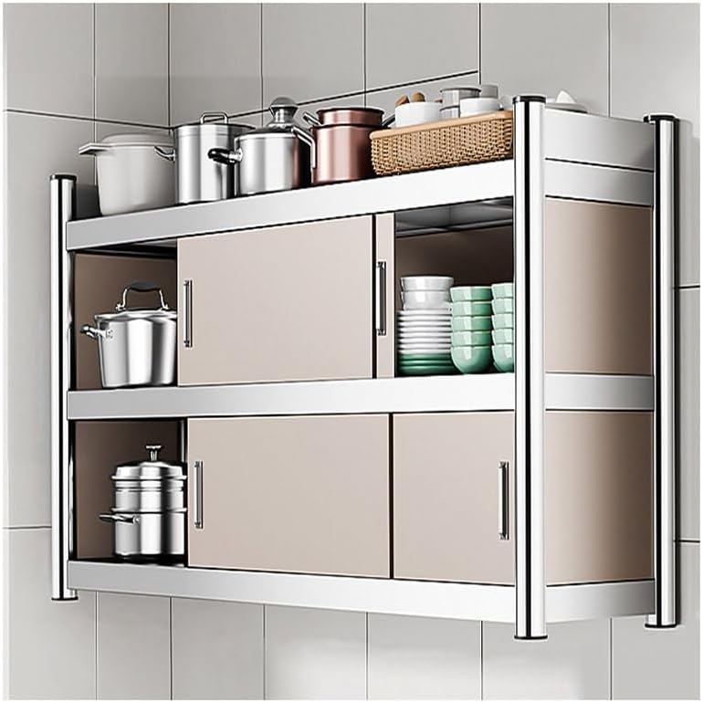 Kitchen Floor Cupboard Tall Storage Cabinet with Flip Doors Adjustable Shelves Kitchen Storage Sideboard with Countertop Free Standing，Heavy Duty Stainless Steel Wall Storage Cabinet, Slidin