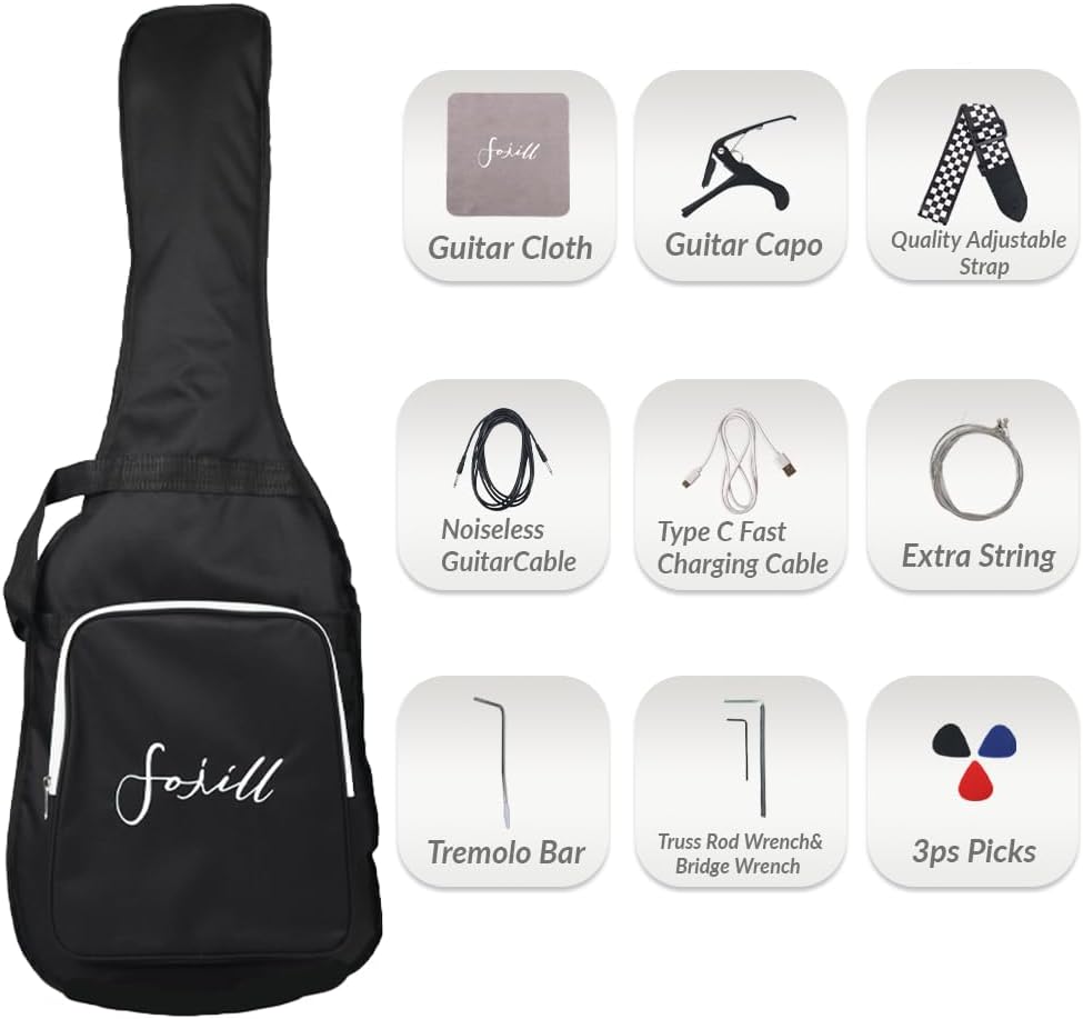 Fojill Heavy Metal Cool Shape Electric Guitar Kit Set Beginner Starter Combo Package Bundle Battery Power Bluetooth 10W Amplifier Amp Accessory Gig Bag,Picks, Cable,Strap,Extra Strings (FCGK-60, Pink)