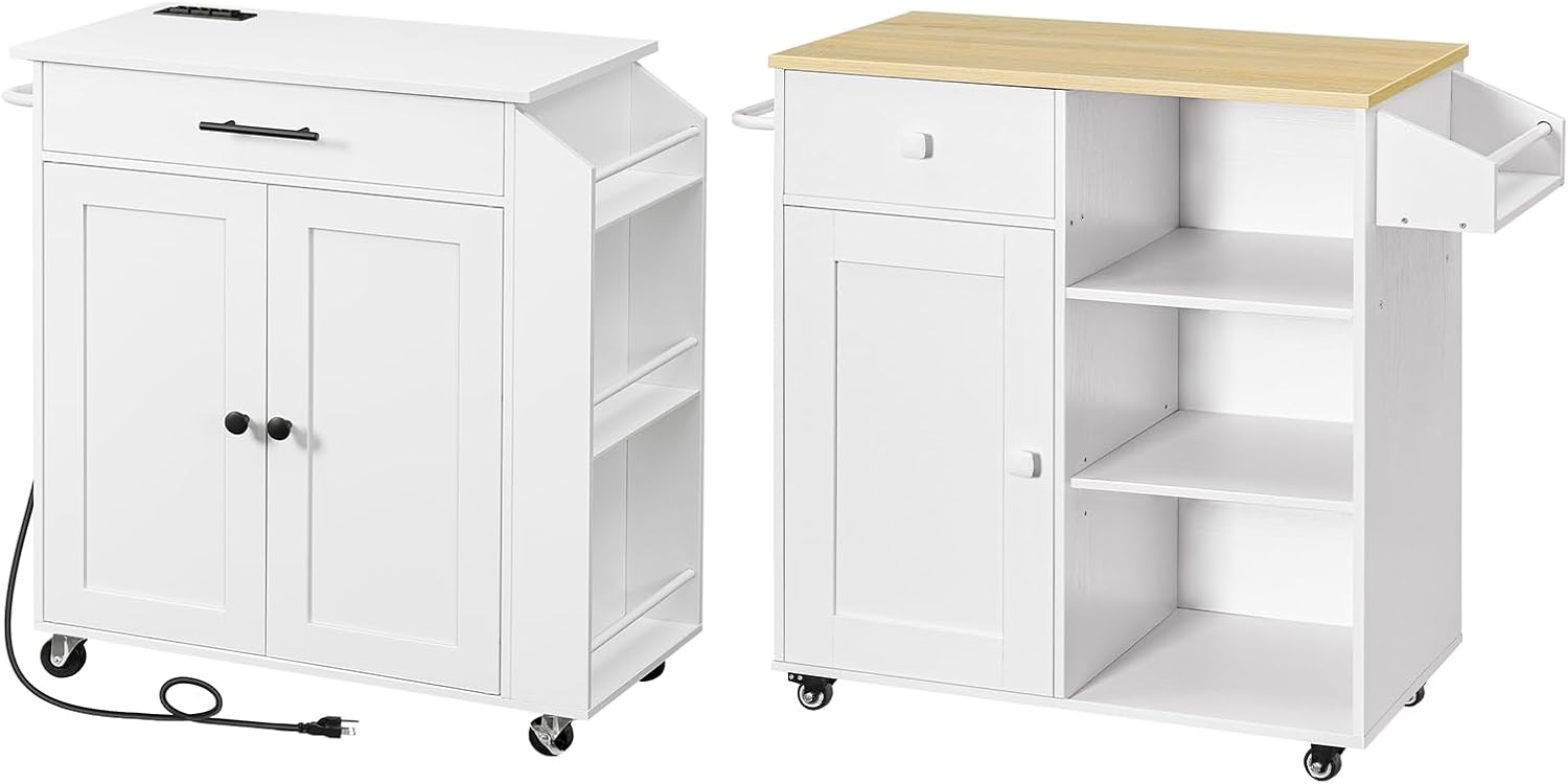 HOOBRO Kitchen Island with Power Outlet and Kitchen Island Bundle, Rolling Kitchen Cart on Wheels with Spice Rack and Drawer, for Home, Kitchen and Dining Room, WT82UZD01G1- WN12ZD01