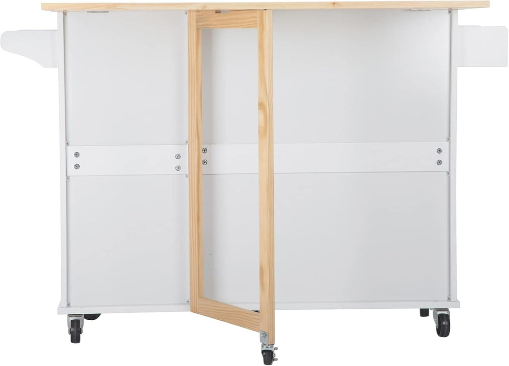 Kitchen Island with Rubber Wood Drop-Leaf Countertop, Mobile Serving Cart with Spice Rack, Utility Storage Trolley with Towel Holder, Rolling Kitchen Table with 3 Drawer and Storage Cabinet