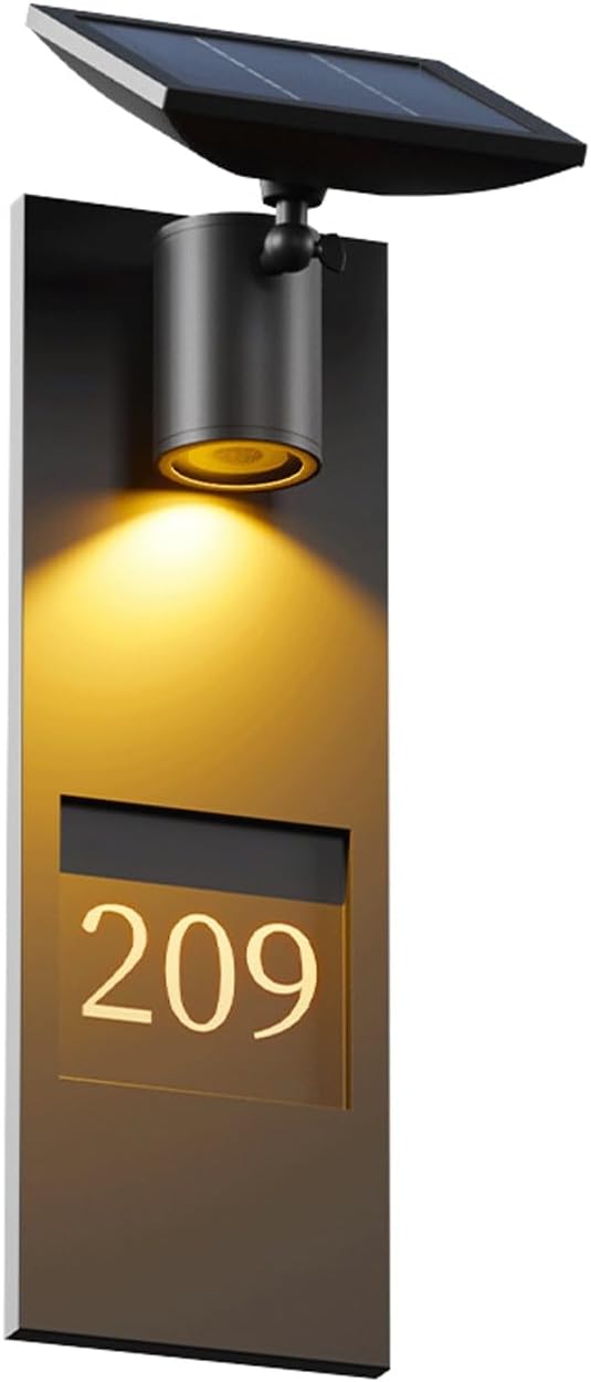 Modern Outdoor LED Solar Wall Light, Black Stainless Steel Address House Number Sconce Lamp, IP65 Waterproof Exterior Mounted Fixture Dusk to Dawn for Villa, Garden, Patio, Porch, Entry