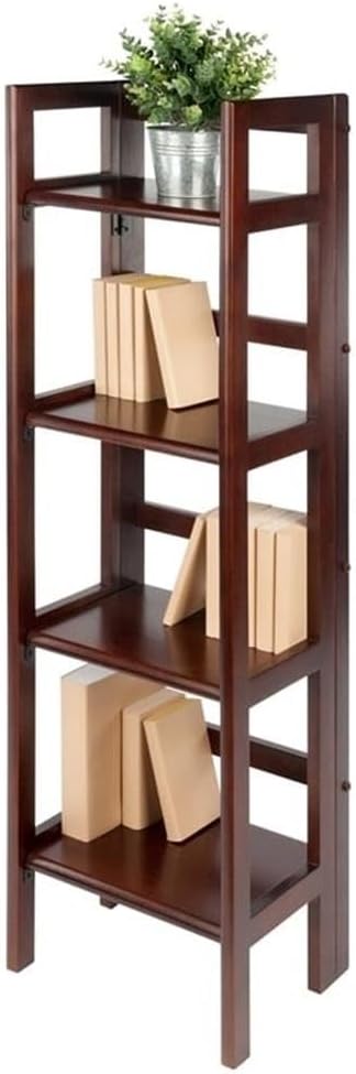 Pemberly Row 4-Tier Transitional Solid Wood Folding Book Shelf, Antique Walnut Finish, 51 in Tall Open Design, Space-Saving Storage for Office, Kids Room, Bathroom, or Living Room