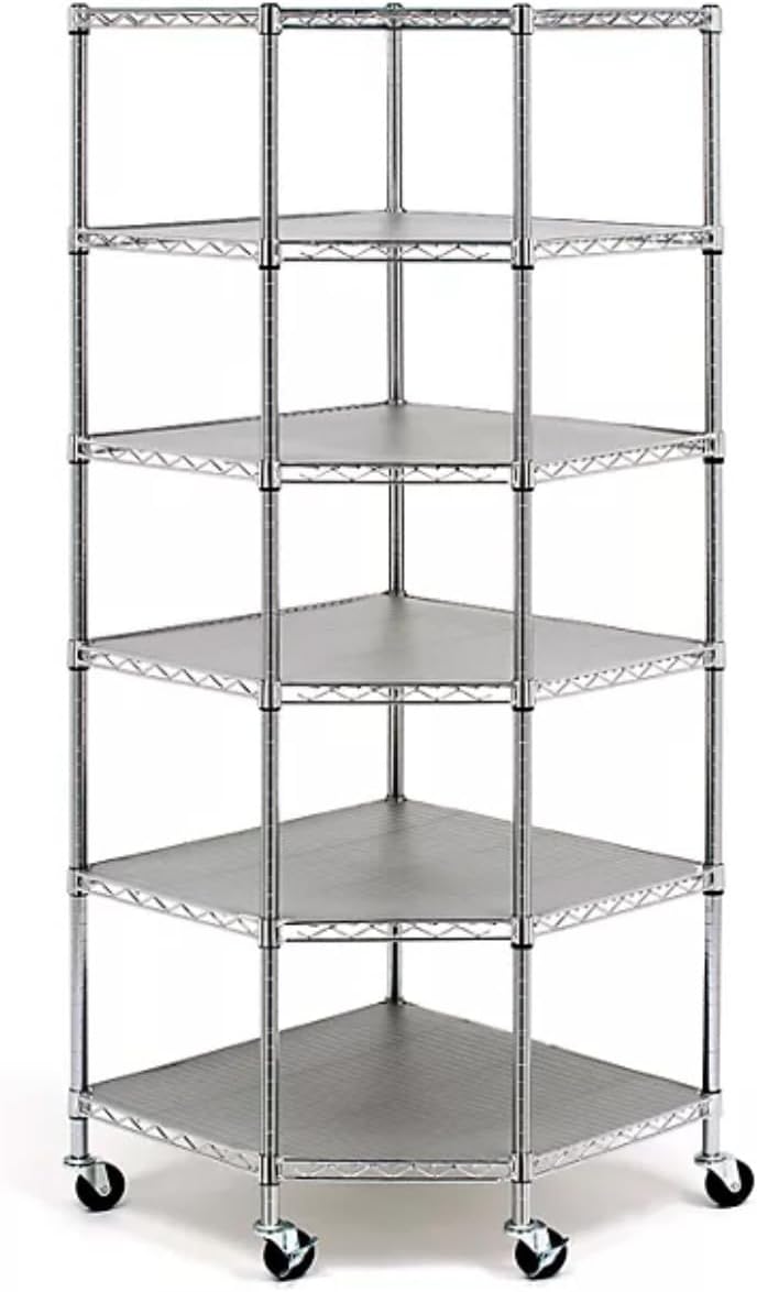 Heavy-Duty 6-Tier Corner Storage Shelf Unit with Wheels, Chrome Wire Shelving, Mobile Metal Rack with Casters