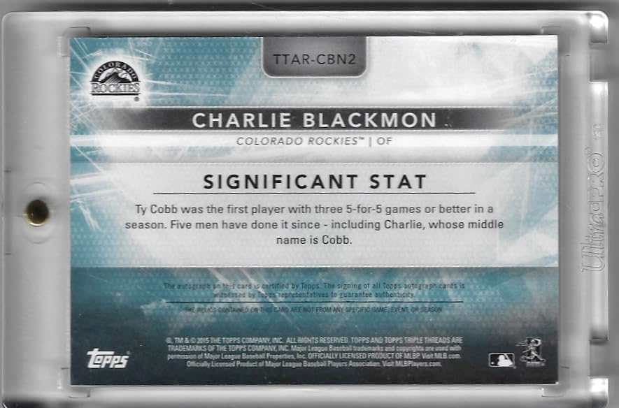 Charlie Blackmon RARE Autographed & Serial Numbered #2/3 Tying Ty Cobb 7 Panel Game Used Jersey Relic Meorabilia w/ Logo Auto Collectible Baseball Card - 2015 Topps Triple Threads Baseball Card #TTAR-CBN2 (Rockies) Ships in One Touch Mag Case