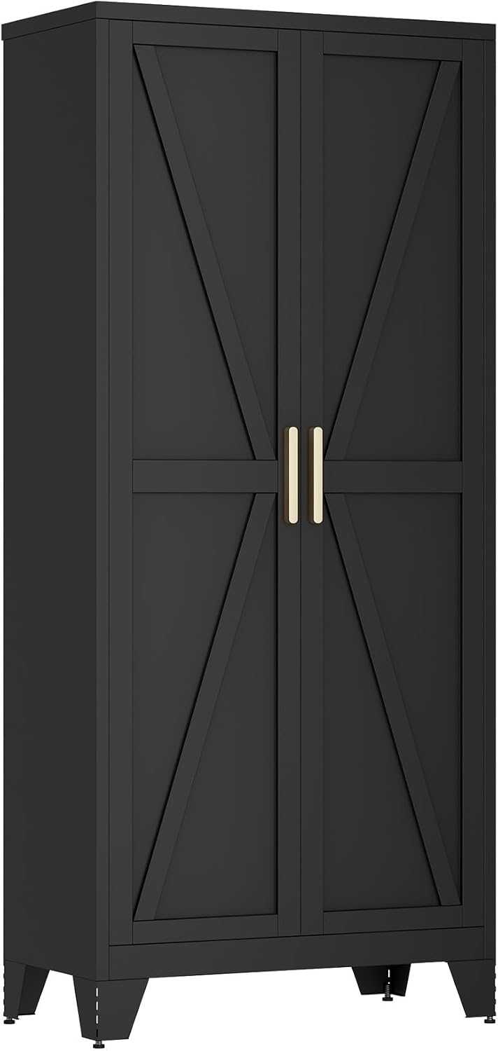 QINPTWUT 71' Metal Storage Cabinet with Doors and Shelves, Tall Pantry Cabinet in Black with 2 Doors & 4 Adjustable Shelves, All-Steel Farmhouse Cupboard for Kitchen, Living Room,Home Office,Garage