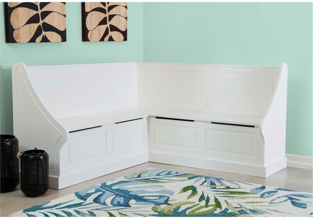 Riverbay Furniture Wood Corner Kitchen Breakfast Nook Set, White Finish, Pine and MDF with Hidden Storage, Smooth Rounded Corners, Soft Close Hinges, Space-Saving Design, Dining Room or Small Kitchen