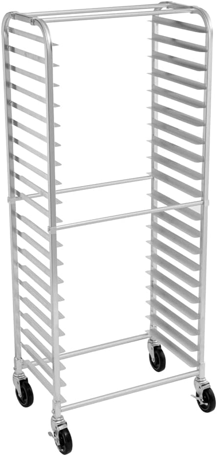 Restaurantware Kitchen Tek 28.25 x 18 x 69.25 Inch Bun Pan Rack 1 Sideload Sheet Pan Rack - Full-Height 2 Locking & 2 Non-locking Casters Silver Aluminum Bun Pan Rack With Wheels Holds 20 Pans