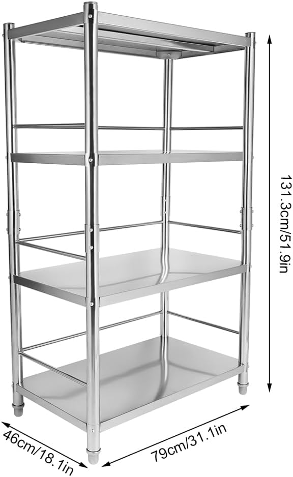 4-Tier Stainless Steel Shelving, Adjustable Height Stainless Steel Storage Shelf, Adjustable Shelf Storage Unit Heavy Duty Shelving for Kitchen Commercial Office Garage Storage, Load 200lb Per Shelf