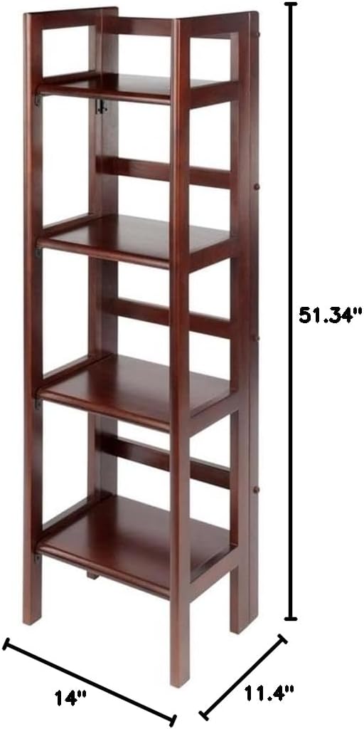 Pemberly Row 4-Tier Transitional Solid Wood Folding Book Shelf, Antique Walnut Finish, 51 in Tall Open Design, Space-Saving Storage for Office, Kids Room, Bathroom, or Living Room