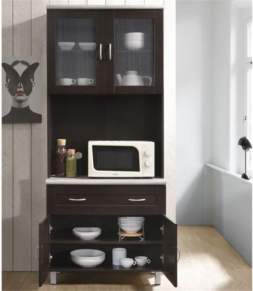 Pemberly Row Tall China Kitchen Cabinet, 32' Wide, Chocolate Gray Finish, Microwave Storage, 79' H x 17' D, Transparent Doors, Drawer, Enclosed Shelves, Wooden Construction for Home or Office Kitchen