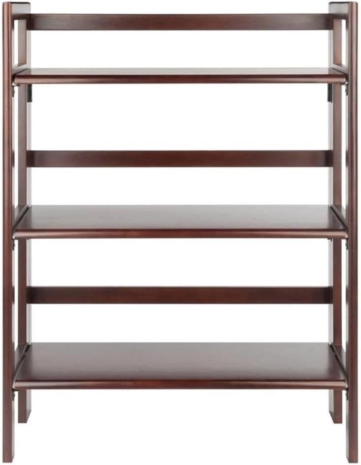 Pemberly Row 3-Tier Solid Wood Folding Book Shelf, Antique Walnut Finish, 38.54 in Height, Transitional Style for Home Office, Bathroom, or Kids Room Storage