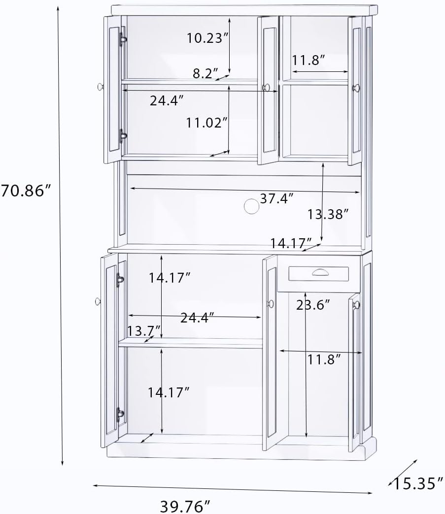 RASOO Buffet Hutch Cabinet Kitchen Sideboard Pantry Cabinet Wood Kitchenware Server Kitchen Storage Microwave Cabinet with 3 Doors Upstairs and 3 Doors downstairs and 1 Drawer, White (R0086)