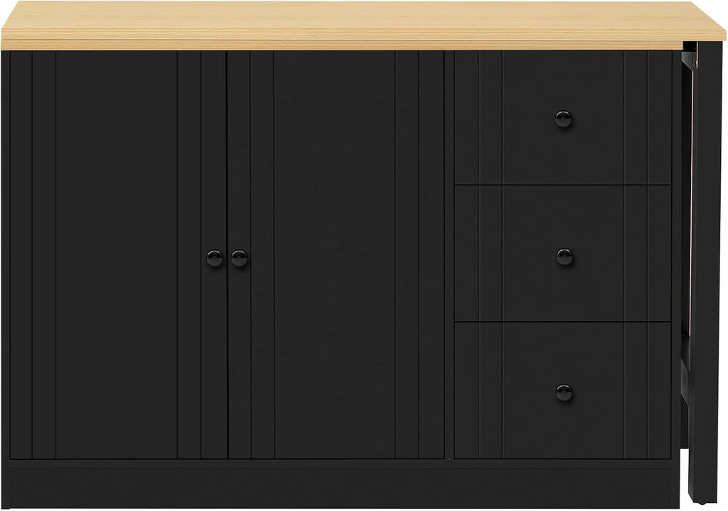 90' Extendable Freestanding Storage Cabinet, Kitchen Storage Bakers Rack with Adjustable Shelf, Utility Food Cupboard with Silent Drawers for Kitchen and Living Room, Black+Natural