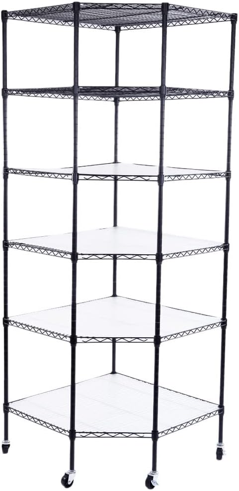6-Layer Wire Corner Storage Shelves on Wheels, Metal Wire Shelving Unit for Home, Kitchen, Shop, Pantry, Restaurant Durable Steel Rack with Plastic Coating for Your Accessories, Tools Black