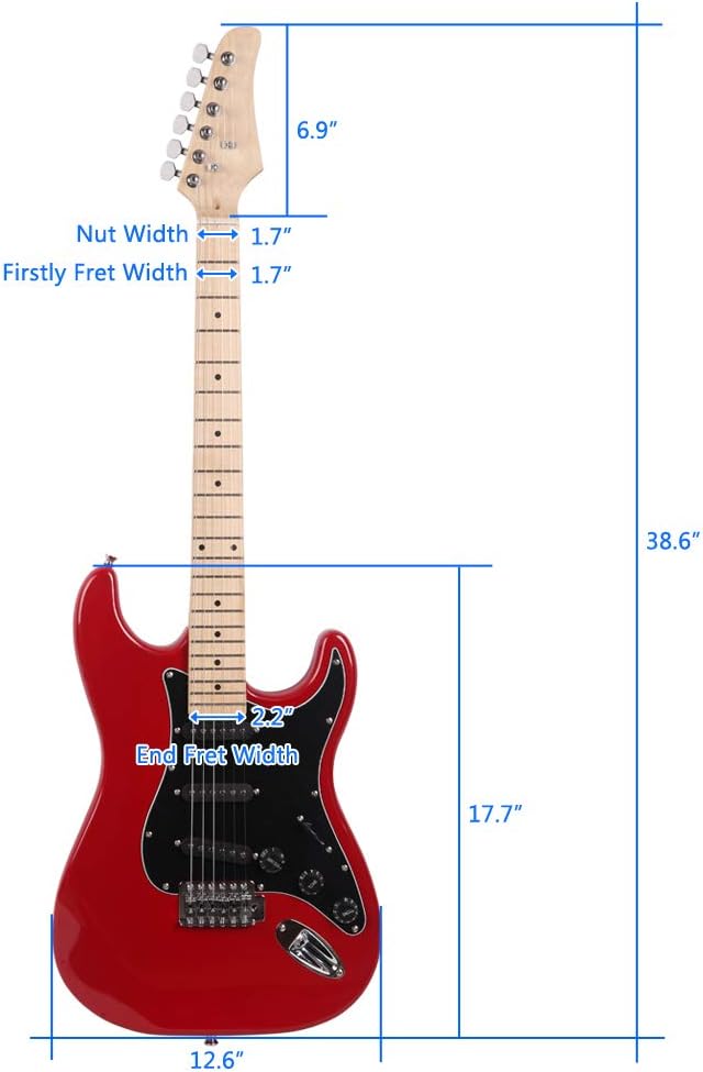 ST Style Electric Guitar with 20W Amplifier, Red with Black Pickguard - Full Size Right Handed Beginner Guitar Bundle with Gig Bag, Strap, Picks - Basswood Body & Maple Neck for Professional Sound