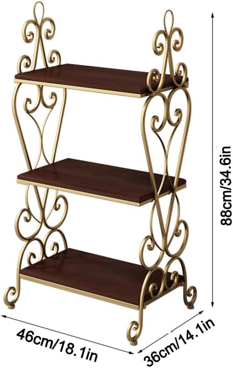 3-Tier Plant Shelf for Indoor,Rustic Wood Bookcase Shelf with Metal Frame,Rustic Storage Rack with Open Shelves for Living Room Bedroom and Balcony (Gold Frame+ Brown Shelf)