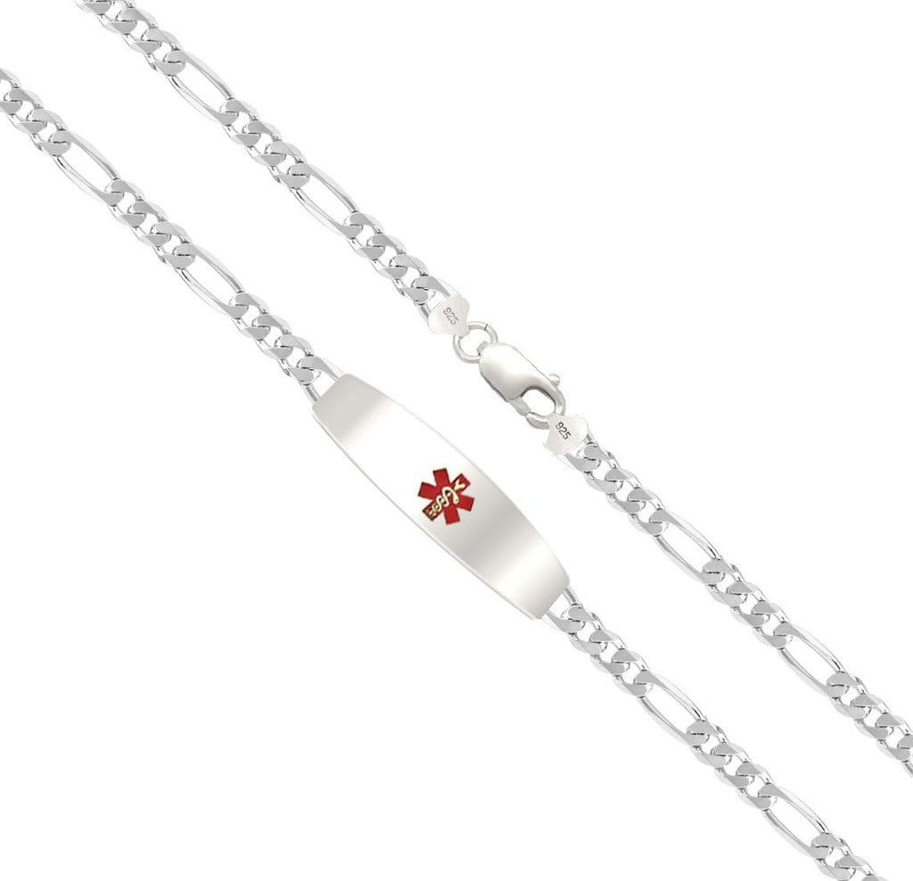 US Jewels Customizable Ladies 925 Sterling Silver 4mm Figaro Medical Alert ID Bracelet with Free Engraving, 6in to 8in Length