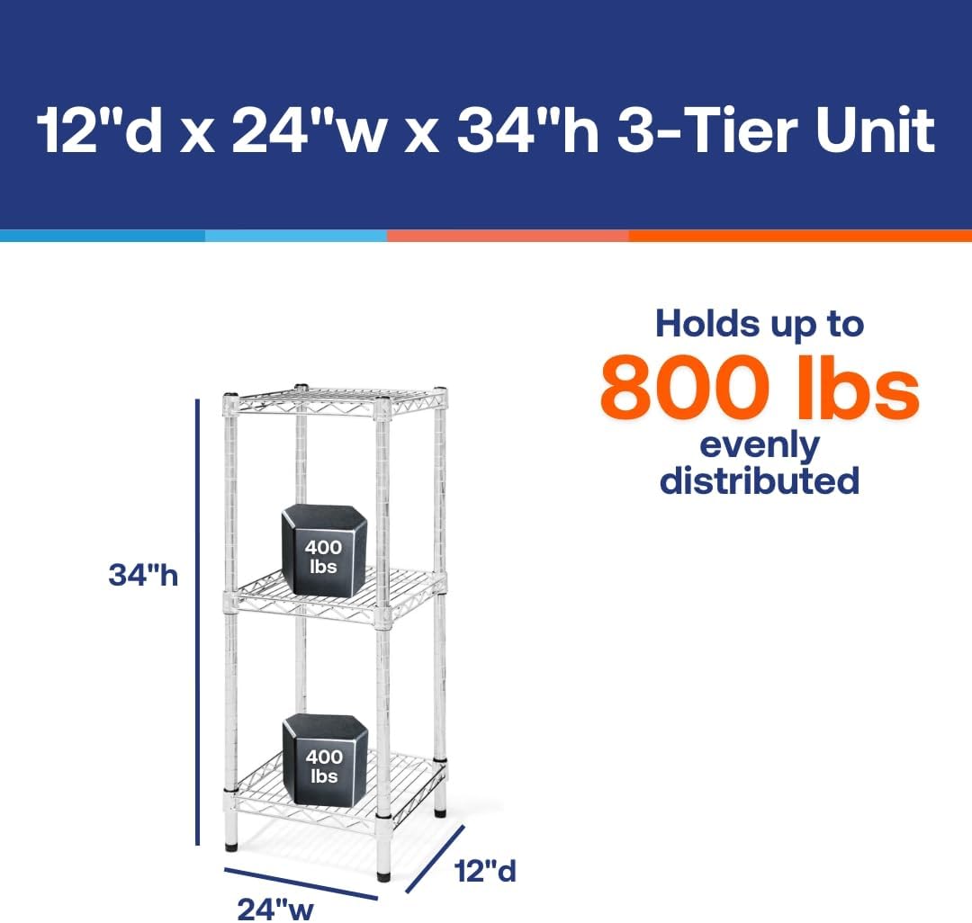 Shelving Inc. 12' d x 24' w Chrome Wire Shelving with 3 Tier Shelves, Weight Capacity 800lbs Per Shelf