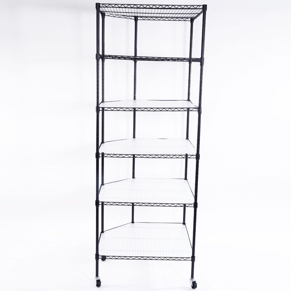 6-Layer Wire Corner Storage Shelves on Wheels, Metal Wire Shelving Unit for Home, Kitchen, Shop, Pantry, Restaurant Durable Steel Rack with Plastic Coating for Your Accessories, Tools Black