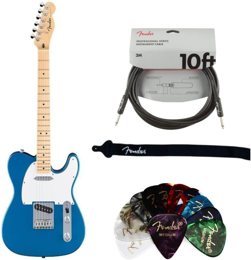 Fender Standard Telecaster Electric Guitar - Aqua Marine Metallic Bundle with Fender Classic Guitar Picks 12-Pack, 10ft Series Instrument Cable Black, Logo Guitar Strap 2in Black with White
