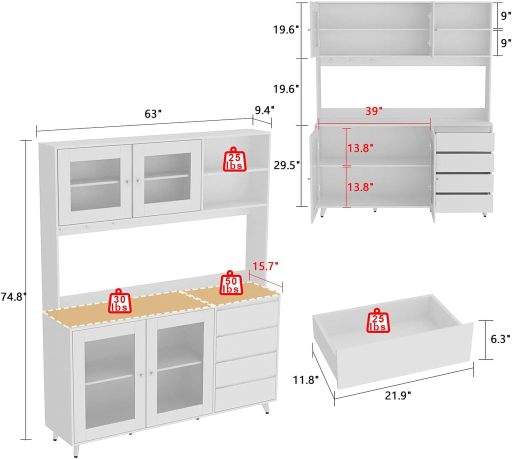 ECACAD Freestanding Kitchen Pantry Storage Cabinet with 4 Glass Doors, Shelves & 4 Drawers, Modern Sideboard Buffet Cabinet, Wood Kitchen Cupboard with Hutch and Hooks, White