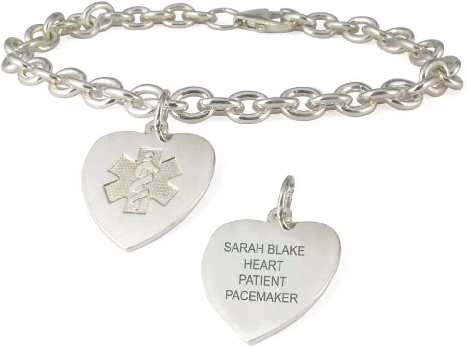 American Medical ID – Sterling Silver Heart Charm Embossed Medical ID Bracelet, for 5.5'- 8.5' wrist – 5 Lines of Free Engraving