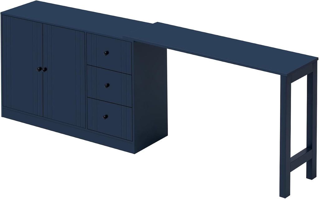 90' Extendable Freestanding Storage Cabinet, Kitchen Storage Bakers Rack with Adjustable Shelf, Utility Food Cupboard with Silent Drawers for Kitchen and Living Room, Navy Blue